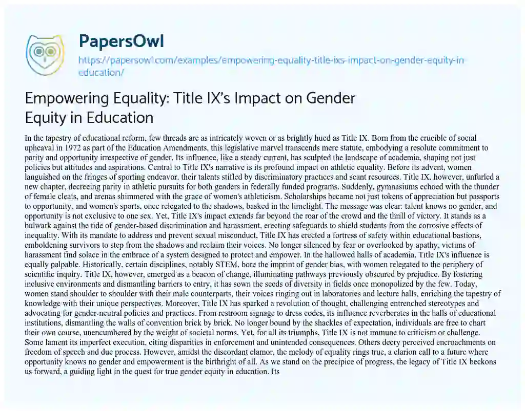 Essay on Empowering Equality: Title IX’s Impact on Gender Equity in Education