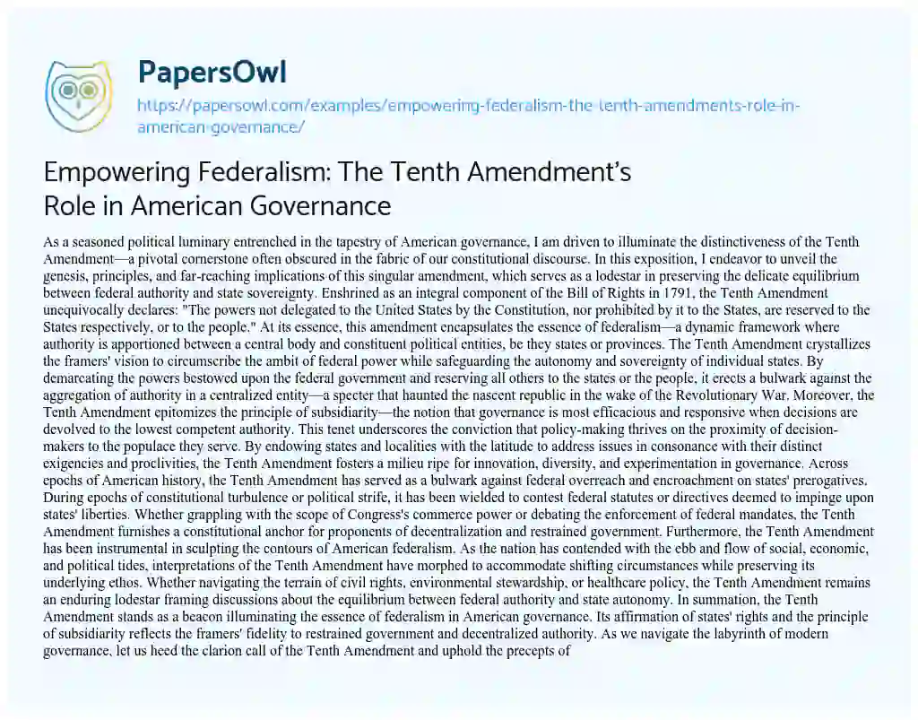 Essay on Empowering Federalism: the Tenth Amendment’s Role in American Governance