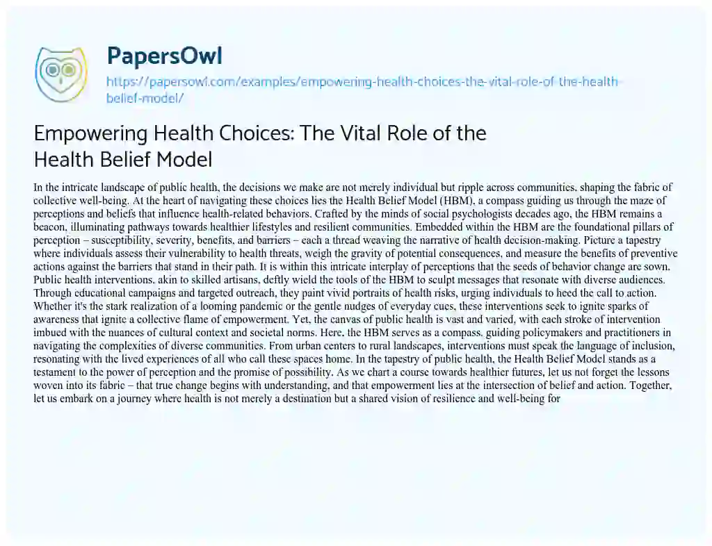 Essay on Empowering Health Choices: the Vital Role of the Health Belief Model