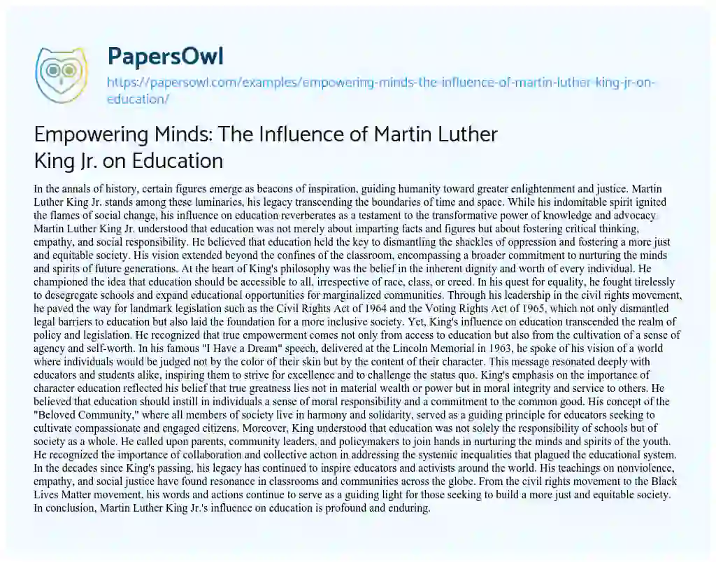 Essay on Empowering Minds: the Influence of Martin Luther King Jr. on Education