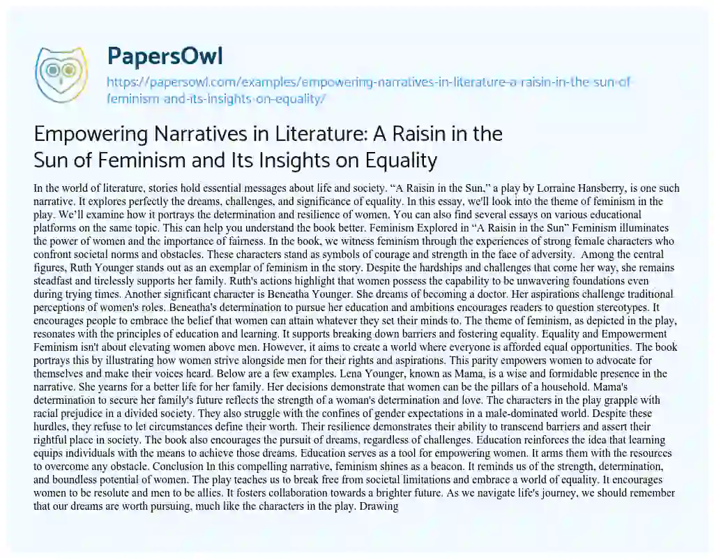 Essay on Empowering Narratives in Literature: a Raisin in the Sun of Feminism and its Insights on Equality