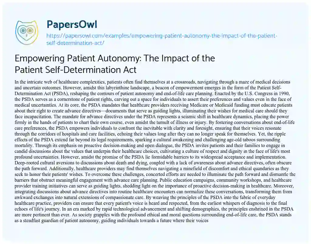 Essay on Empowering Patient Autonomy: the Impact of the Patient Self-Determination Act