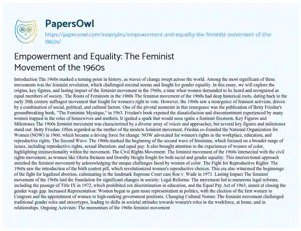 Essay on Empowerment and Equality: the Feminist Movement of the 1960s
