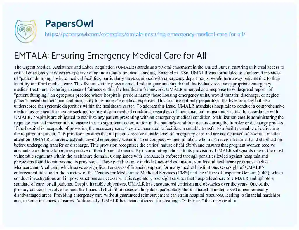 Essay on EMTALA: Ensuring Emergency Medical Care for all