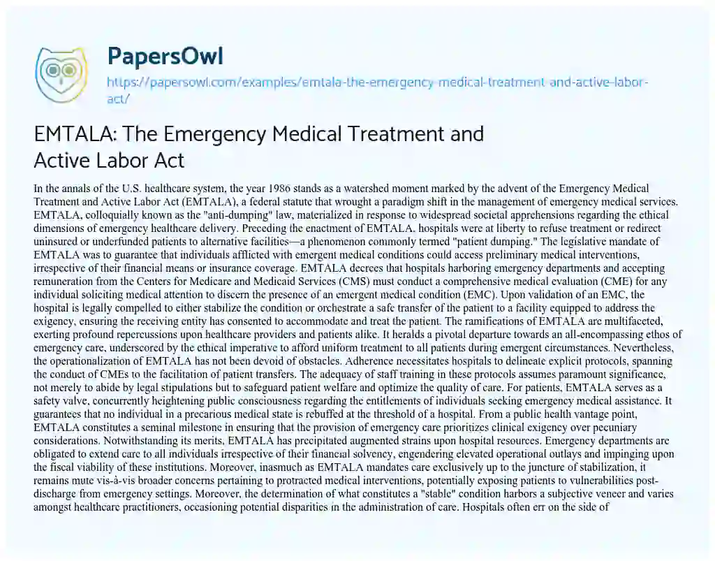 Essay on EMTALA: the Emergency Medical Treatment and Active Labor Act