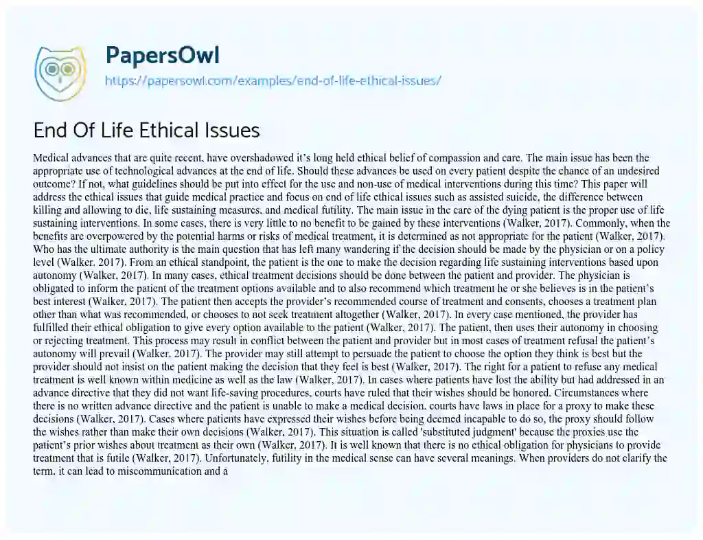 Essay on End of Life Ethical Issues
