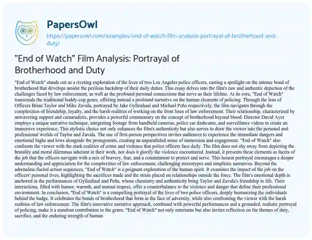 Essay on “End of Watch” Film Analysis: Portrayal of Brotherhood and Duty
