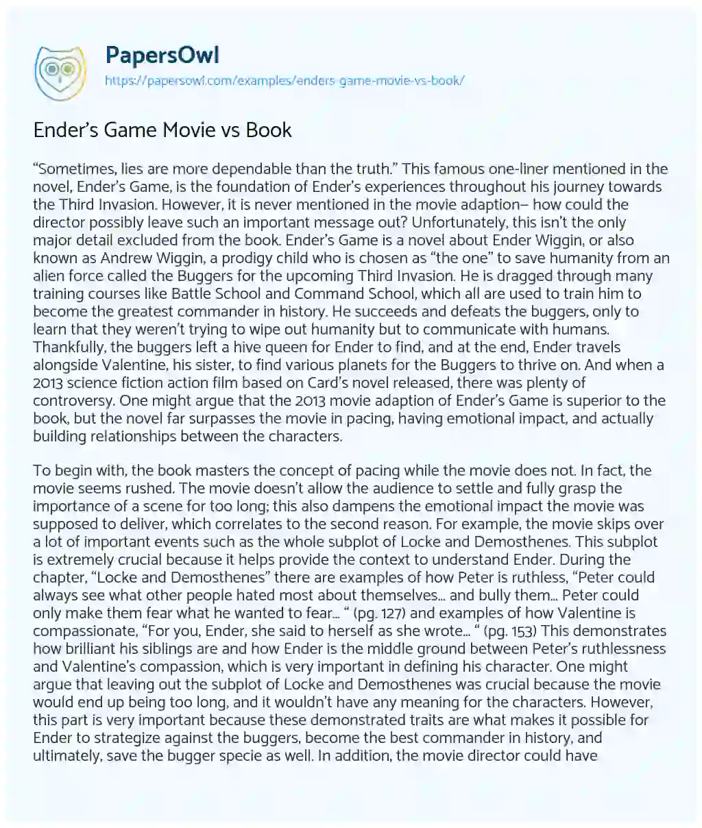 ender's game movie vs book essay