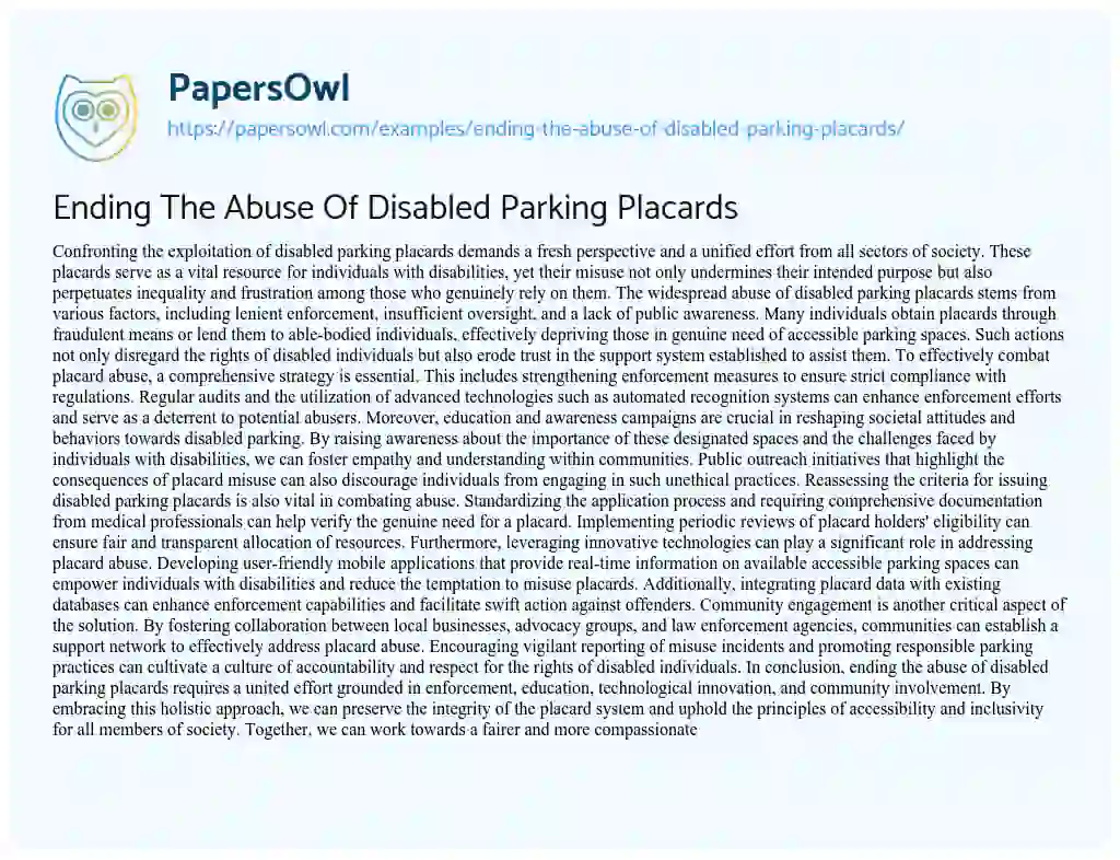 Essay on Ending the Abuse of Disabled Parking Placards