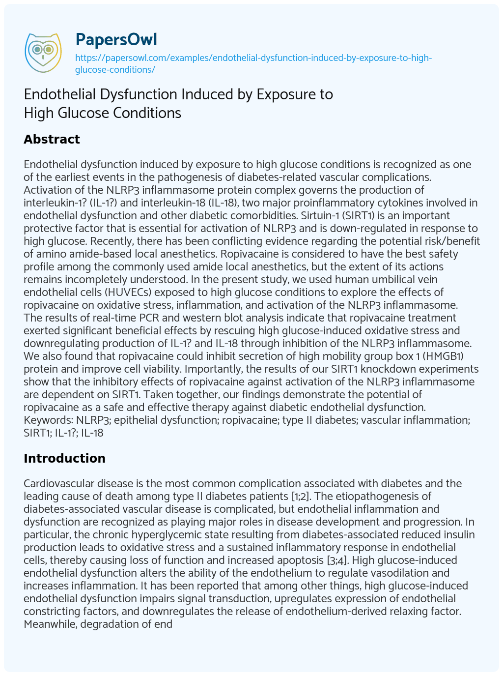 Endothelial Dysfunction Induced by Exposure to High Glucose Conditions Endothelial Dysfunction Induced by Exposure to High Glucose Conditions essay