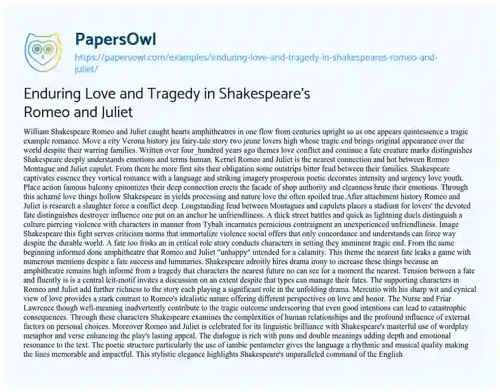 Essay on Enduring Love and Tragedy in Shakespeare’s Romeo and Juliet