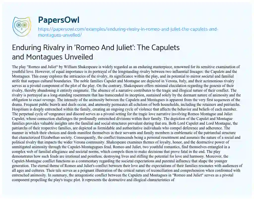 Essay on Enduring Rivalry in ‘Romeo and Juliet’: the Capulets and Montagues Unveiled