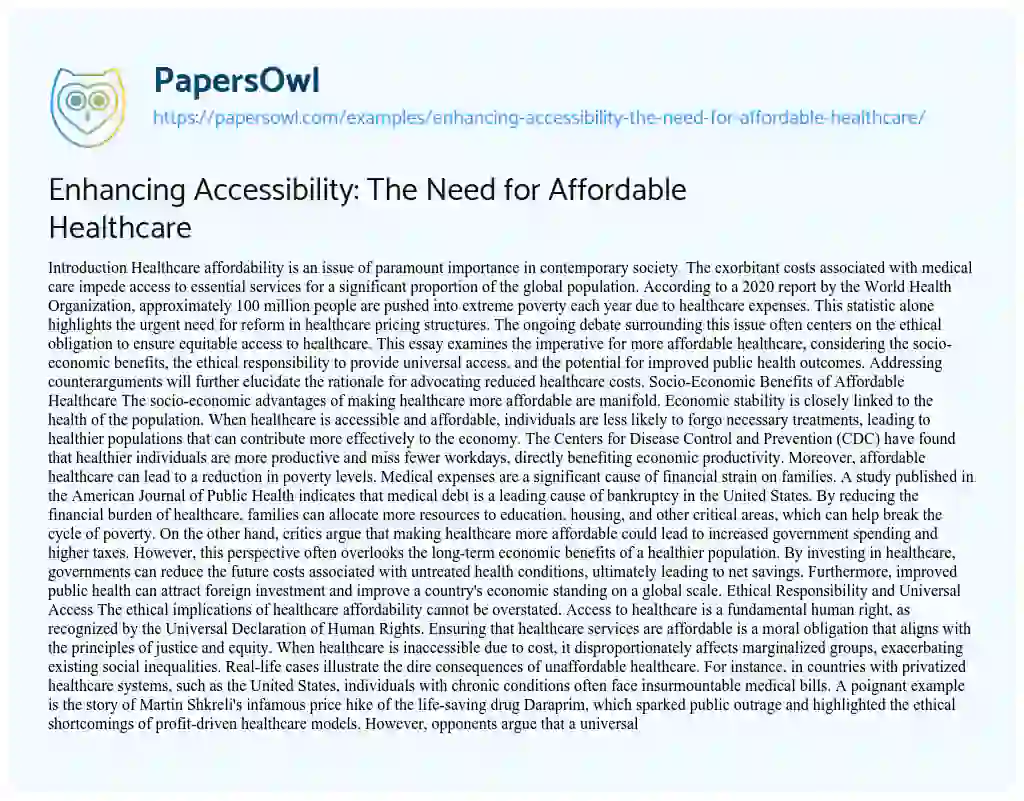 Essay on Enhancing Accessibility: The Need for Affordable Healthcare