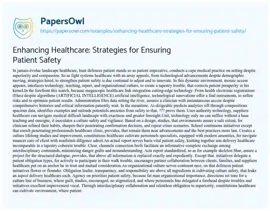 Essay on Enhancing Healthcare: Strategies for Ensuring Patient Safety