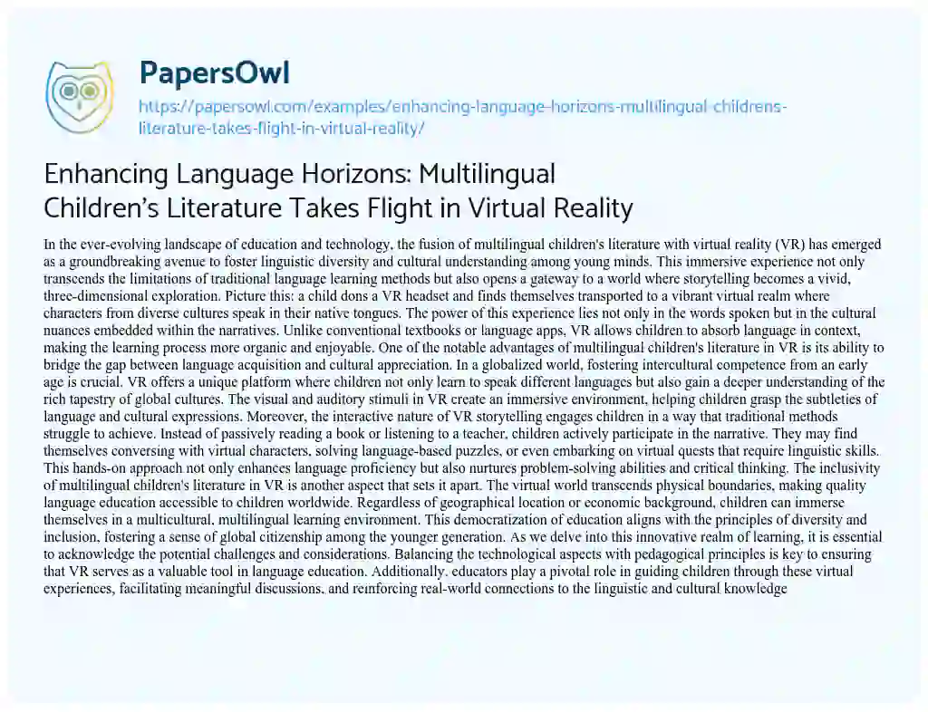 Essay on Enhancing Language Horizons: Multilingual Children’s Literature Takes Flight in Virtual Reality