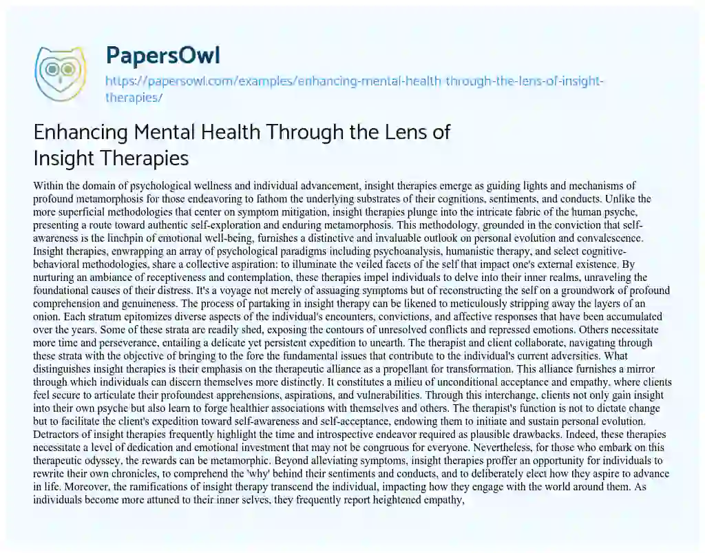 Essay on Enhancing Mental Health through the Lens of Insight Therapies