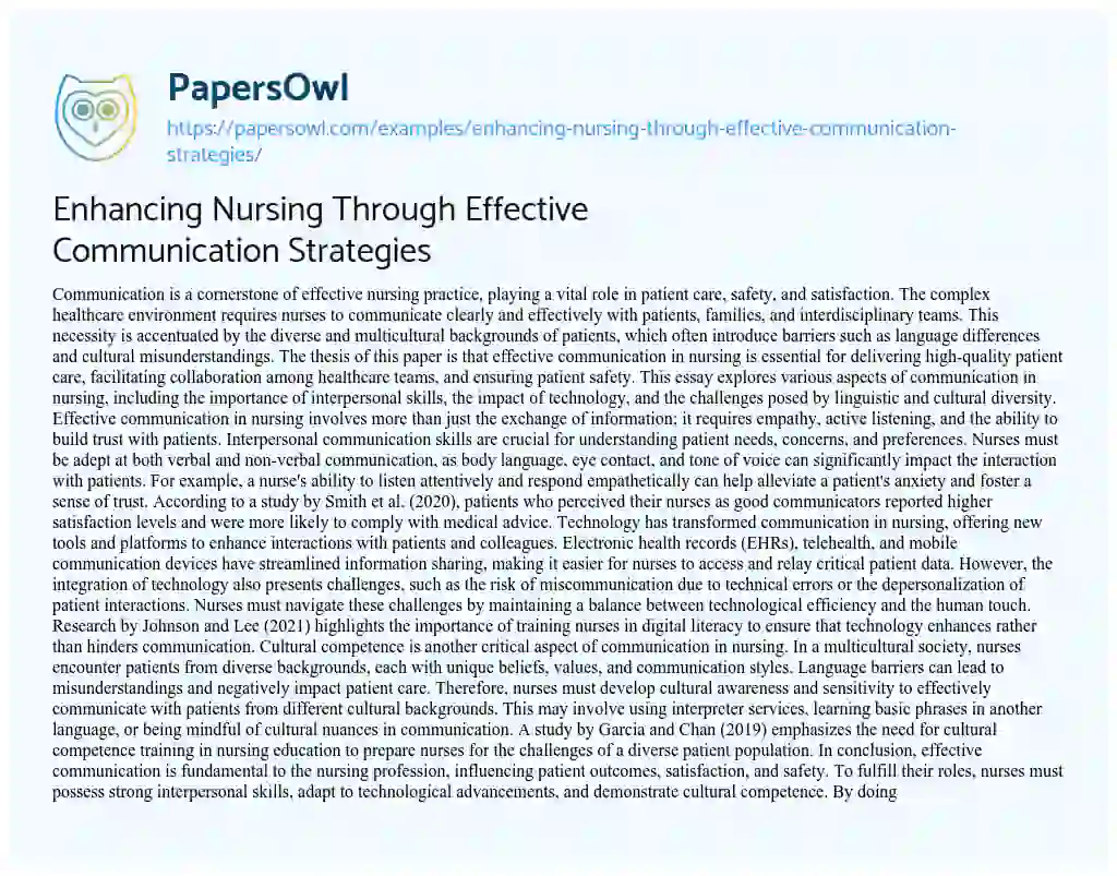 Essay on Enhancing Nursing Through Effective Communication Strategies