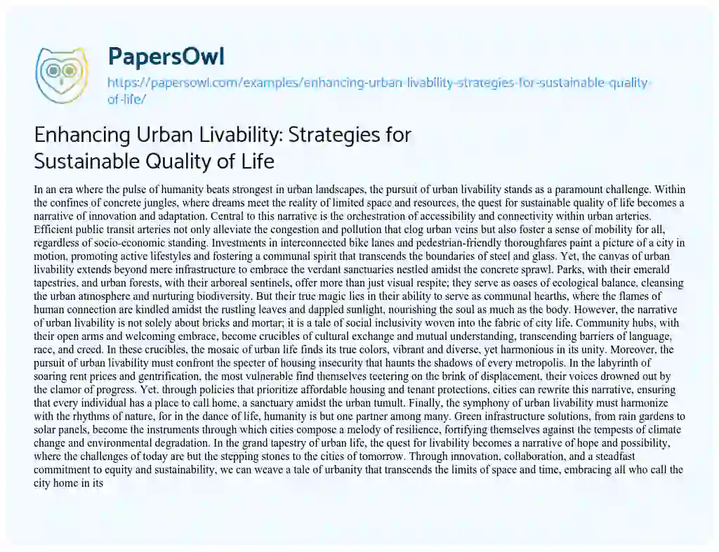 Essay on Enhancing Urban Livability: Strategies for Sustainable Quality of Life