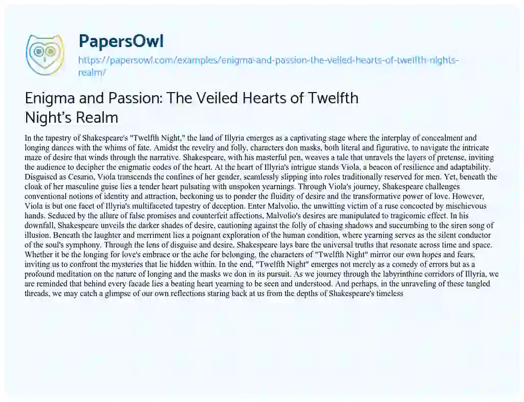Essay on Enigma and Passion: the Veiled Hearts of Twelfth Night’s Realm