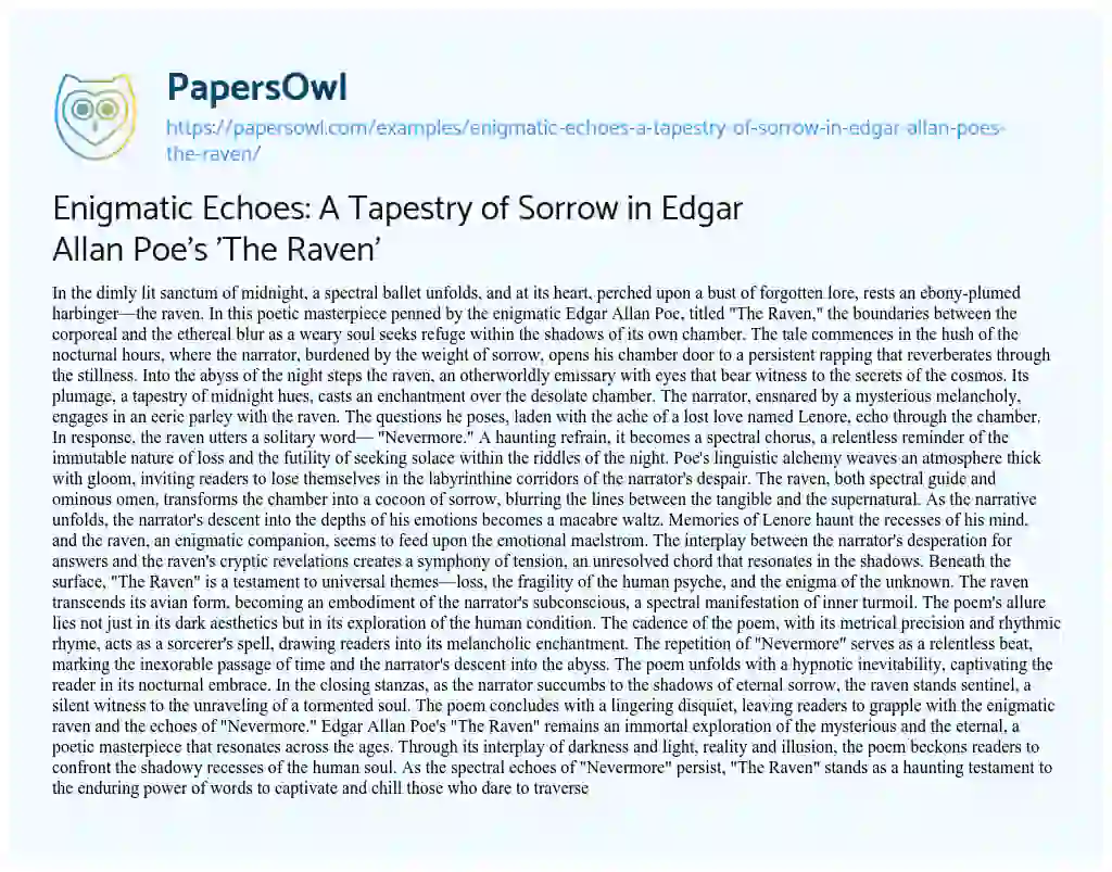 Essay on Enigmatic Echoes: a Tapestry of Sorrow in Edgar Allan Poe’s ‘The Raven’