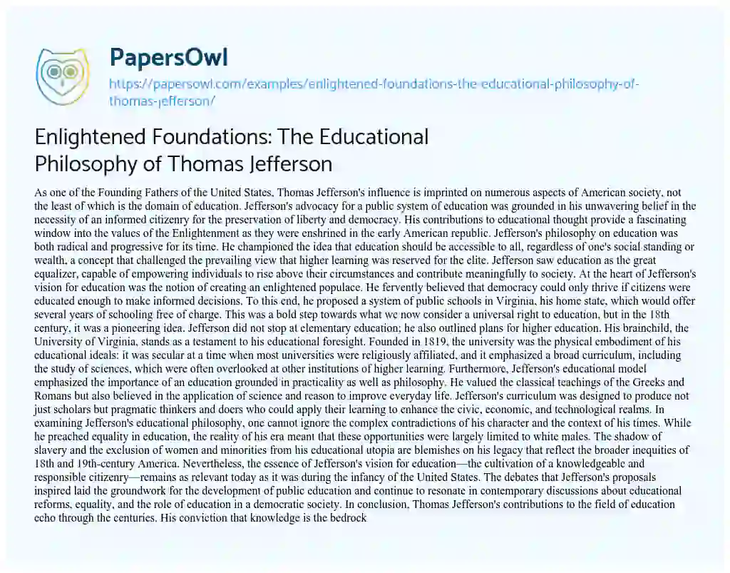 Essay on Enlightened Foundations: the Educational Philosophy of Thomas Jefferson