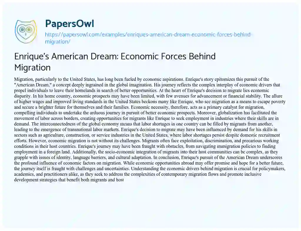 Essay on Enrique’s American Dream: Economic Forces Behind Migration