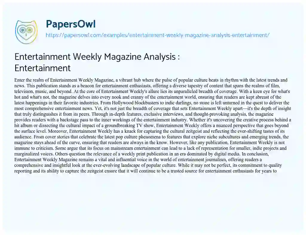 Essay on Entertainment Weekly Magazine Analysis : Entertainment