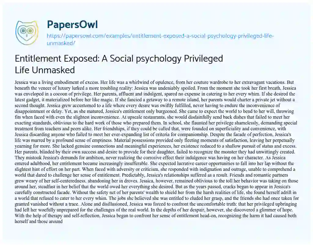 Essay on Entitlement Exposed: a Social Psychology Privileged Life Unmasked