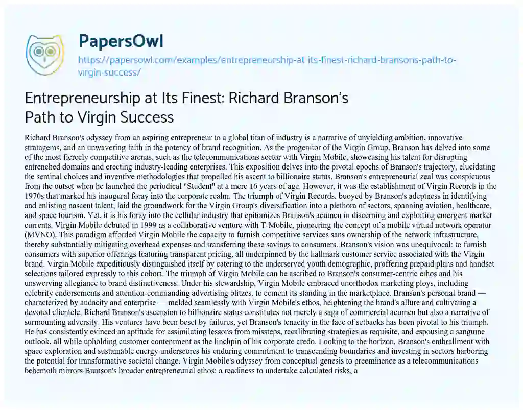 Essay on Entrepreneurship at its Finest: Richard Branson’s Path to Virgin Success