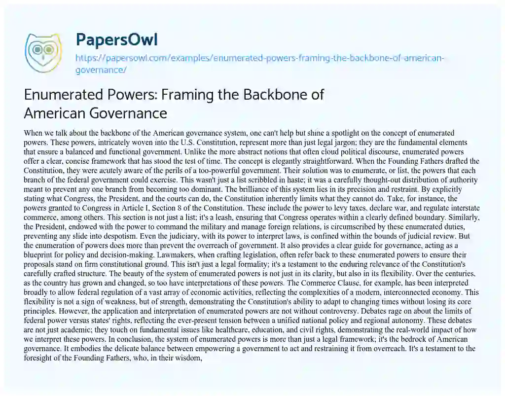 Essay on Enumerated Powers: Framing the Backbone of American Governance