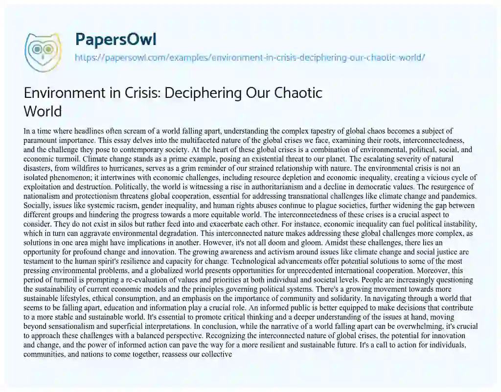 Essay on Environment in Crisis: Deciphering our Chaotic World