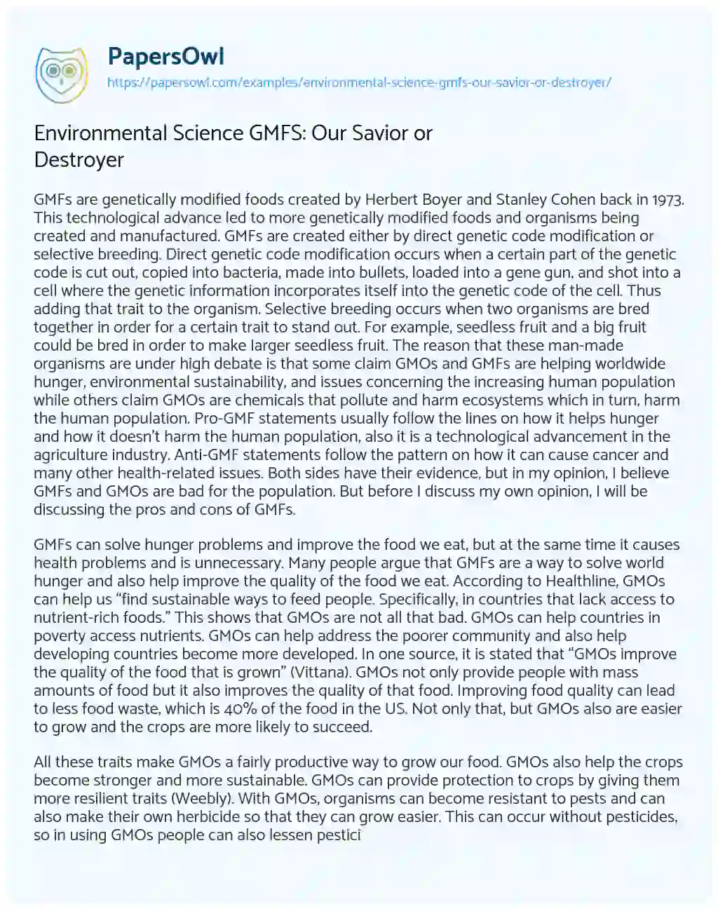 Environmental Science GMFS: our Savior or Destroyer essay