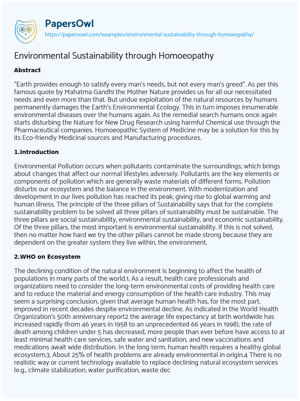 Essay on Environmental Sustainability through Homoeopathy