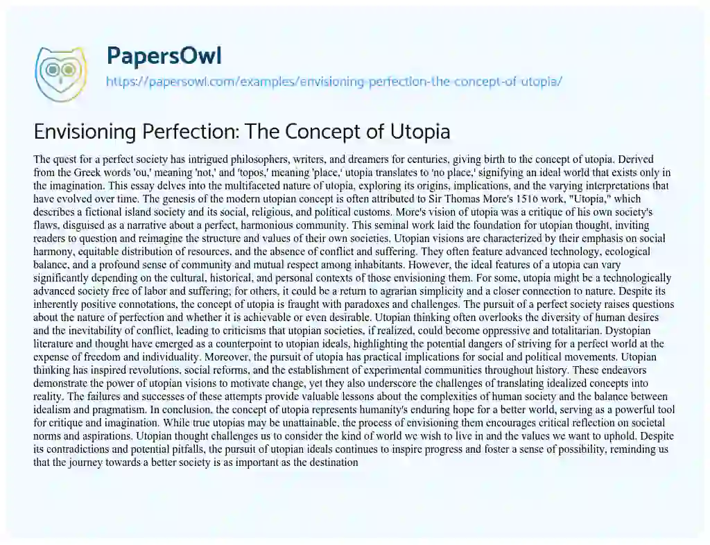 Essay on Envisioning Perfection: the Concept of Utopia