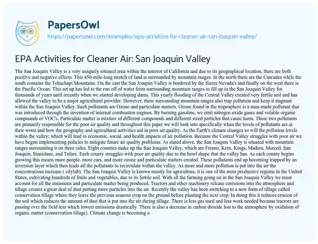 Essay on EPA Activities for Cleaner Air: San Joaquin Valley
