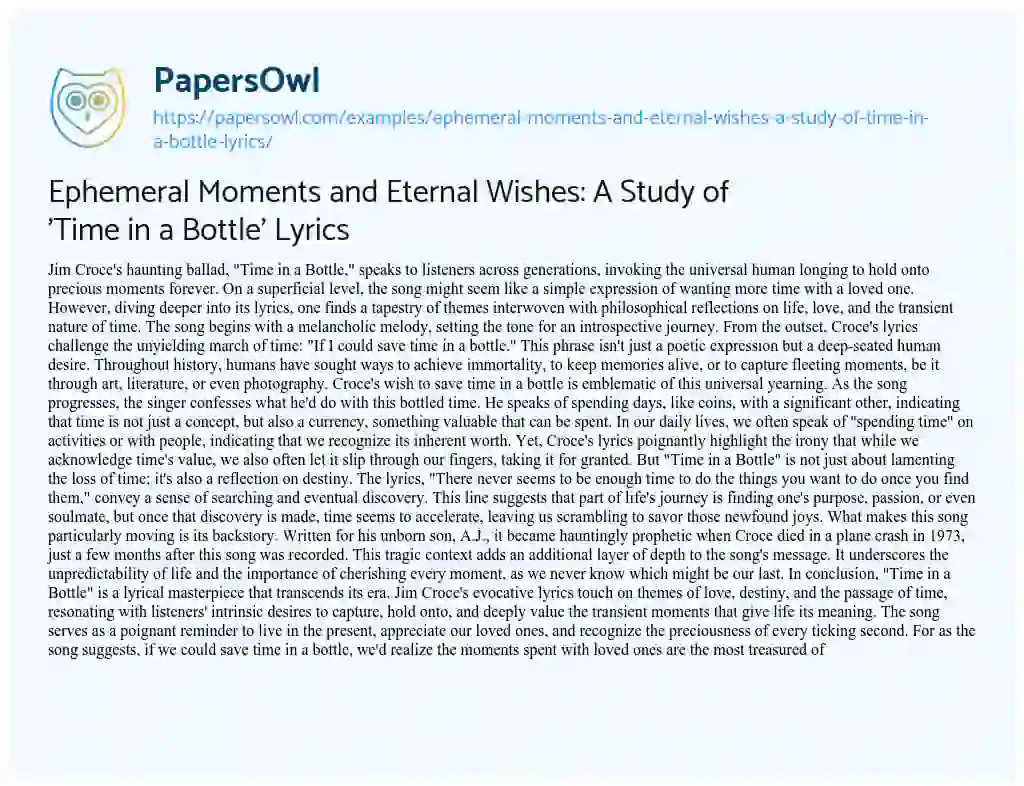 Essay on Ephemeral Moments and Eternal Wishes: a Study of ‘Time in a Bottle’ Lyrics