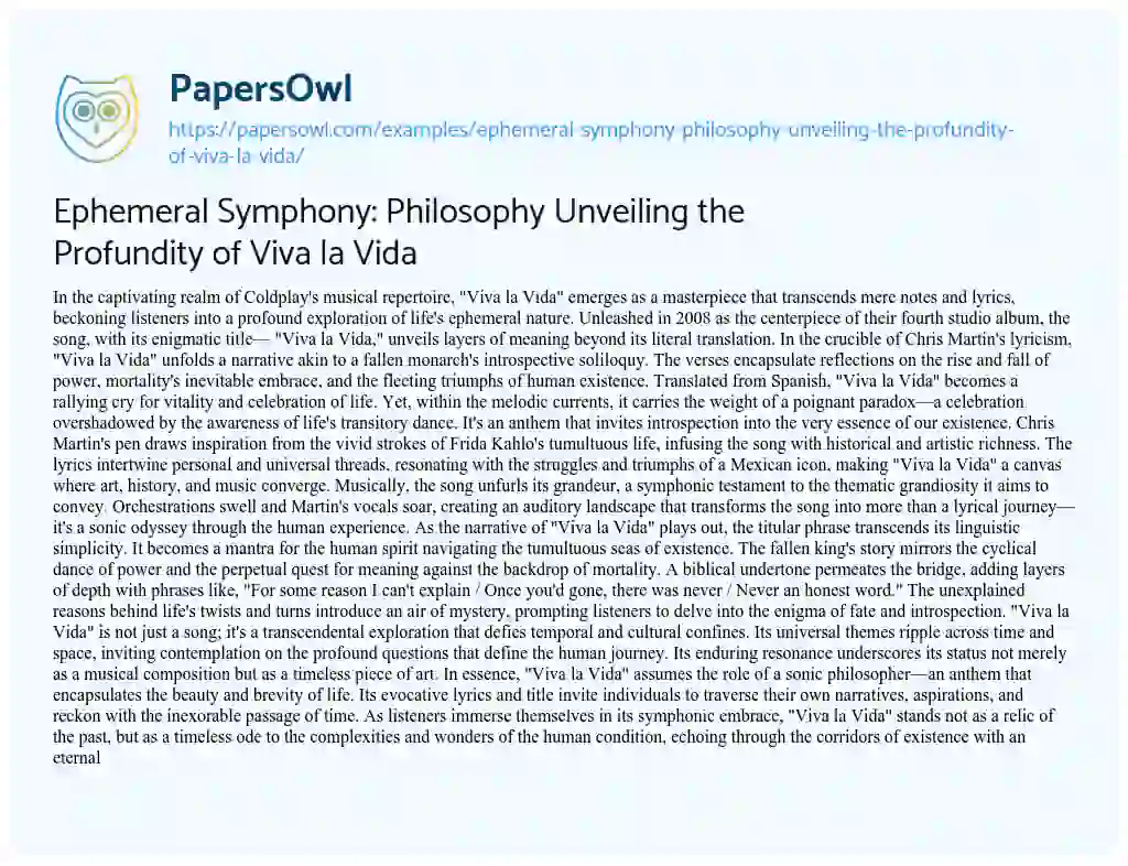 Essay on Ephemeral Symphony: Philosophy Unveiling the Profundity of Viva La Vida