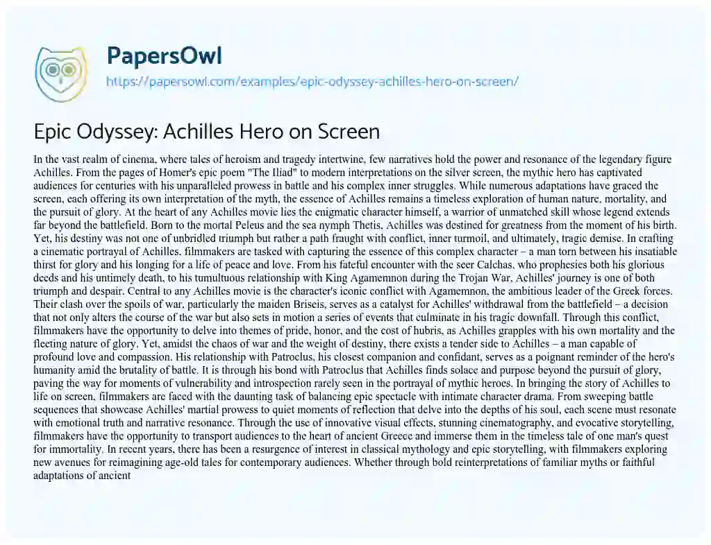 Essay on Epic Odyssey: Achilles Hero on Screen