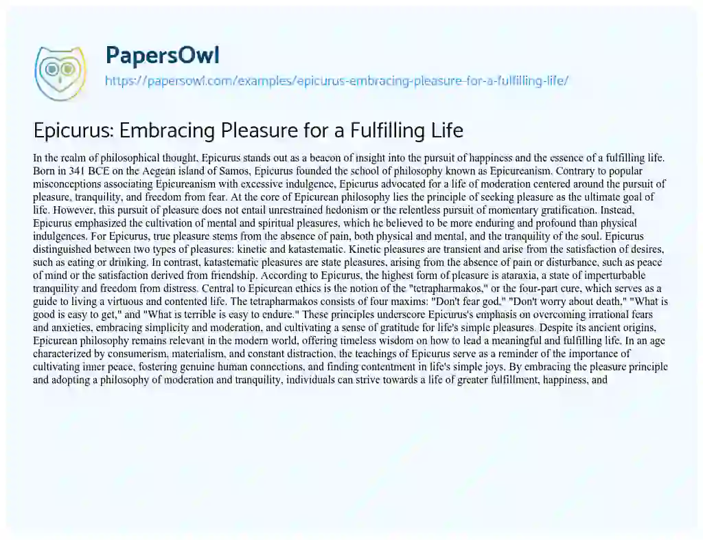 Essay on Epicurus: Embracing Pleasure for a Fulfilling Life
