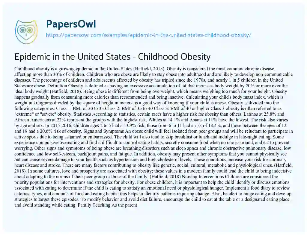Epidemic in the United States – Childhood Obesity essay