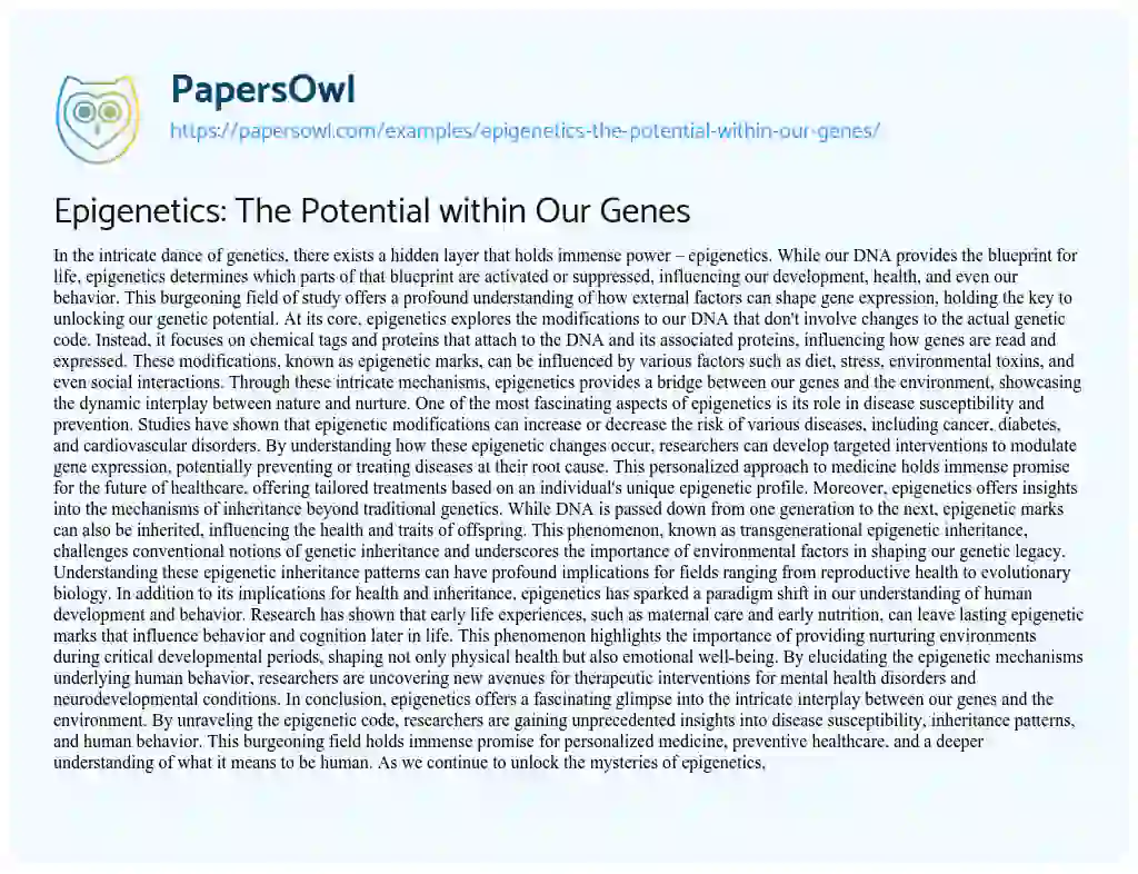 Essay on Epigenetics: the Potential Within our Genes