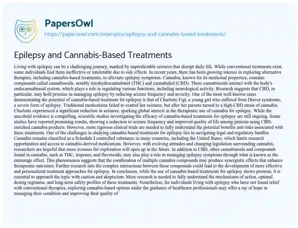 Essay on Epilepsy and Cannabis-Based Treatments