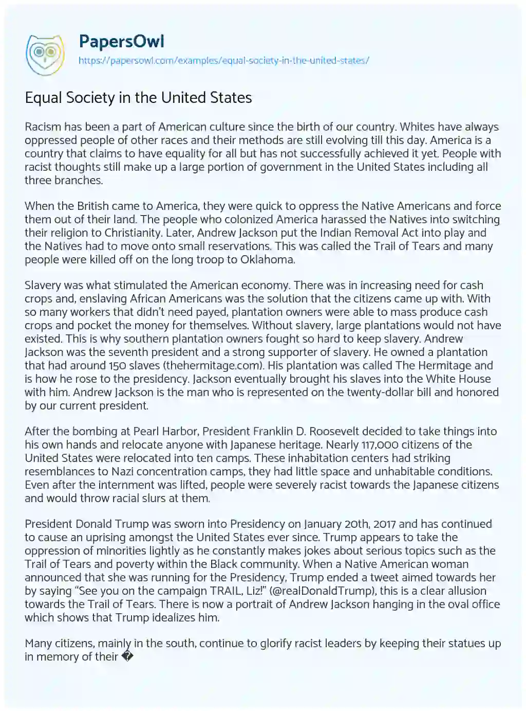Essay on Equal Society in the United States