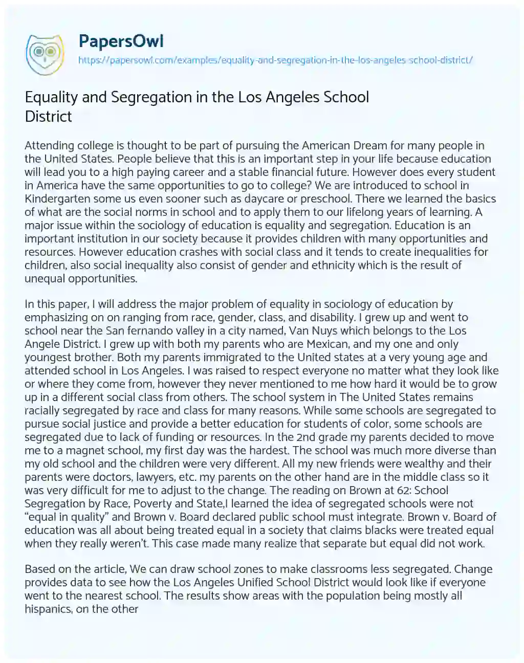 Essay on Equality and Segregation in the Los Angeles School District