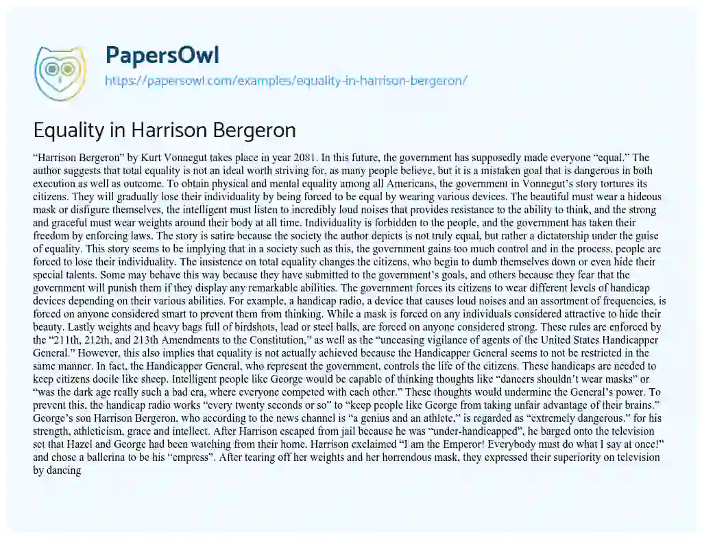 Essay on Equality in Harrison Bergeron