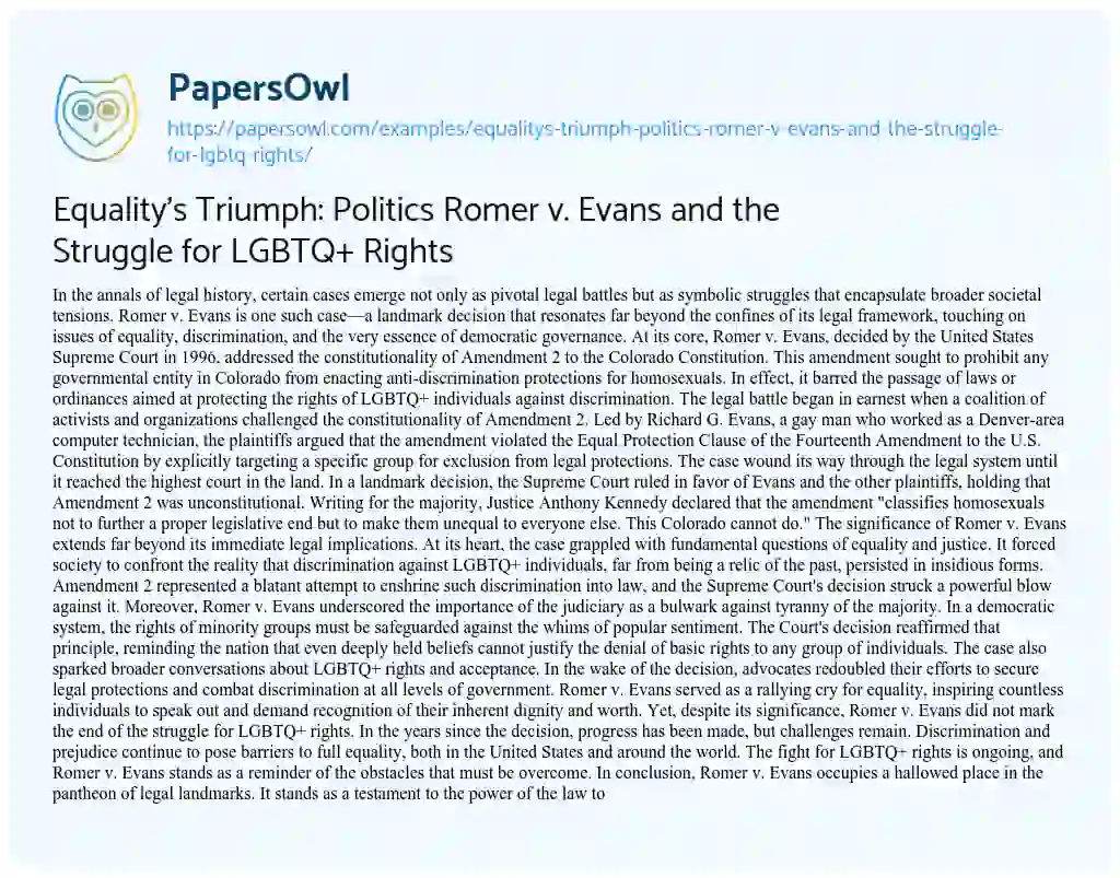 Essay on Equality’s Triumph: Politics Romer V. Evans and the Struggle for LGBTQ+ Rights