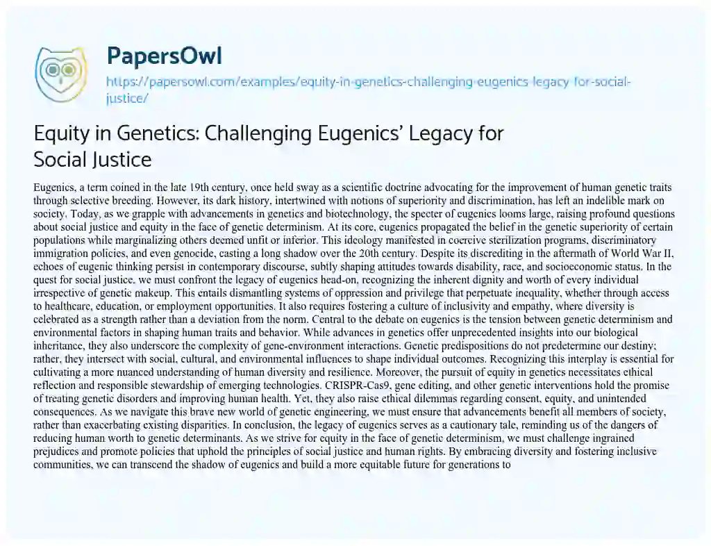 Essay on Equity in Genetics: Challenging Eugenics’ Legacy for Social Justice