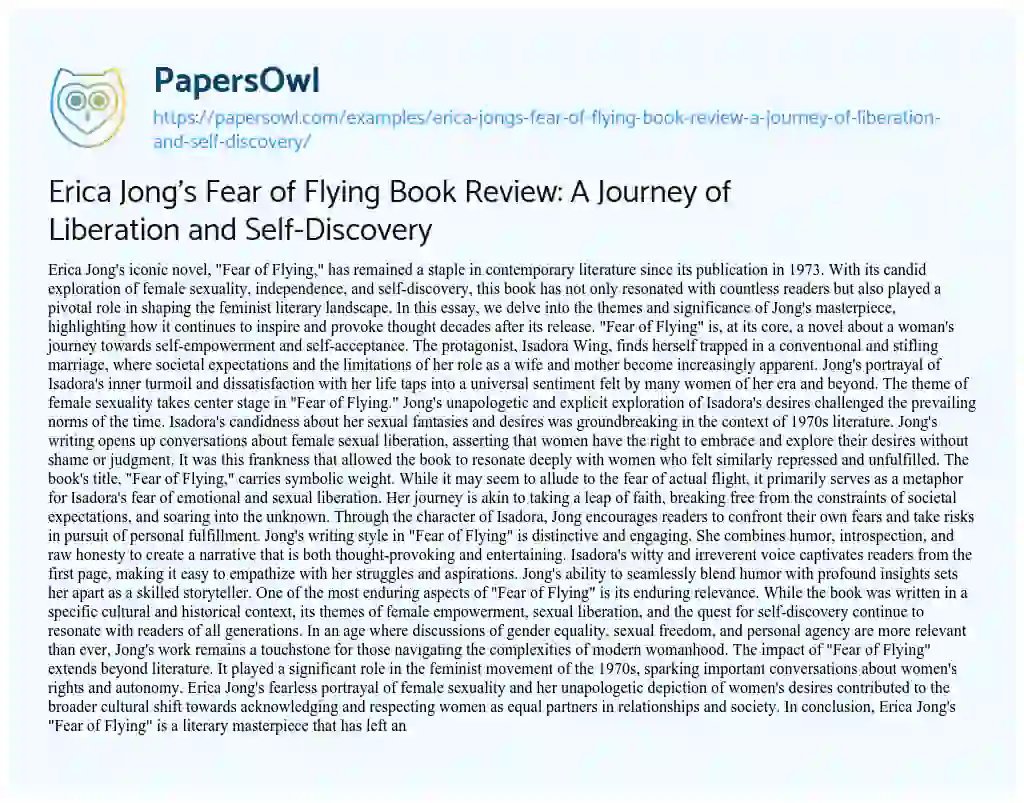 Essay on Erica Jong’s Fear of Flying Book Review: a Journey of Liberation and Self-Discovery