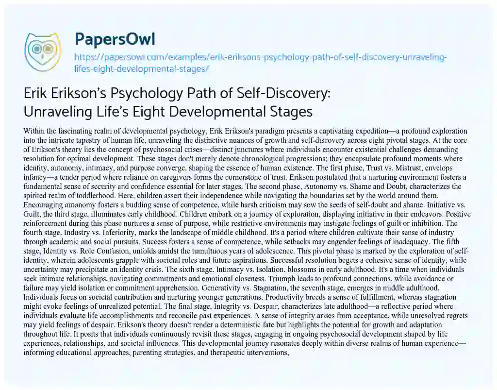 Essay on Erik Erikson’s Psychology Path of Self-Discovery: Unraveling Life’s Eight Developmental Stages