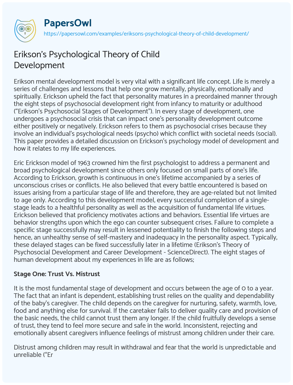 Essay on Erikson’s Psychological Theory of Child Development